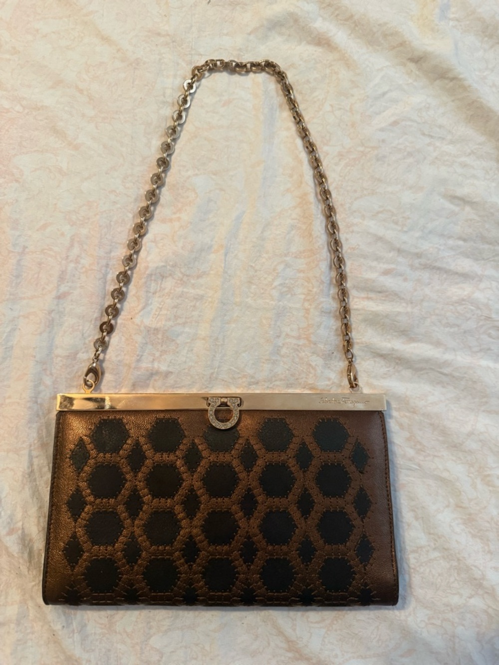 Salvatore Ferragamo Brown and Black Hexagon Frame Shoulder Bag- authentic